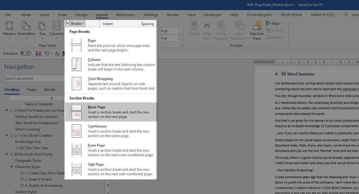 Section breaks in Microsoft Word